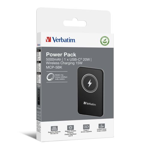Външна батерия Verbatim MCP-5BK Power Pack 5000 mAh with UBS-C PD 20W / Magnetic Wireless Charging 15W Black