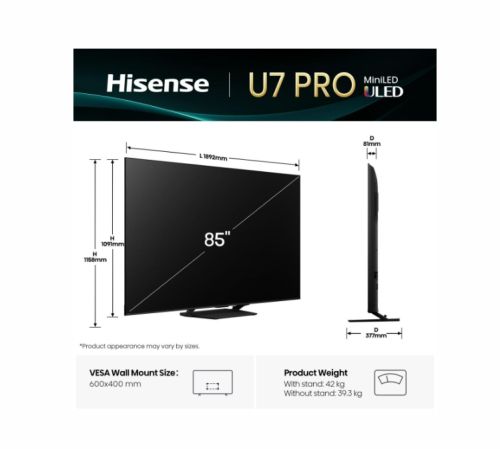 Телевизор Hisense 85"U7Q Pro, 4K Ultra HD 3840x2160, ULED, FALD, Quantum Dot, 165Hz, IPS, HDR 10+, HLG, Dolby Vision IQ, Dolby Atmos, Smart TV, WiFi 5GHz, WiFi Direct, BT, Anyview Cast,light sensor,Solar Powered Remote, 4xHDMI, 2xUSB, LAN, CI+, DVB-T2/C/S