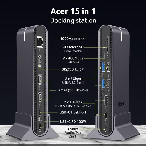 Докинг станция Acer Type C Universal docking station 15in1, 2 x HDMI 4K@60Hz, 1 x DP 8k@30Hz, 5 x USB A, 1 x USB C, 1 x RJ45, 1x SD /Micro SD, 1 x TF, 1 x Audio  3.5mm jack, Windows, ChromeOS, macOS, Gray