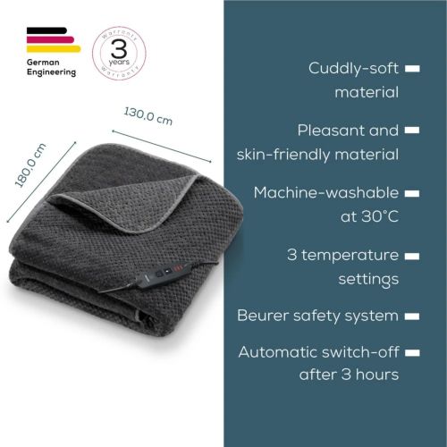 Термоподложка Beurer HD 65 Dark Grey Heated Overblanket; Soft and cuddly surface; 3 temperature;auto switch-off 3 hours; removable switch; washable at 30°, Oko-Tex 100; 180(L)x130(W)cm