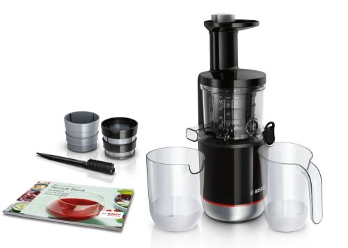 Сокоизстисквачка Bosch MESM731M, Slow juicer VitaExtract 150 W, 55 rpm, 1 speed + reverse function, tritan screw, MixControl lever, juice container 1 l, pulp container 1,3l, 3 filters (fine, coarse and sorbet), black / brushed s/s